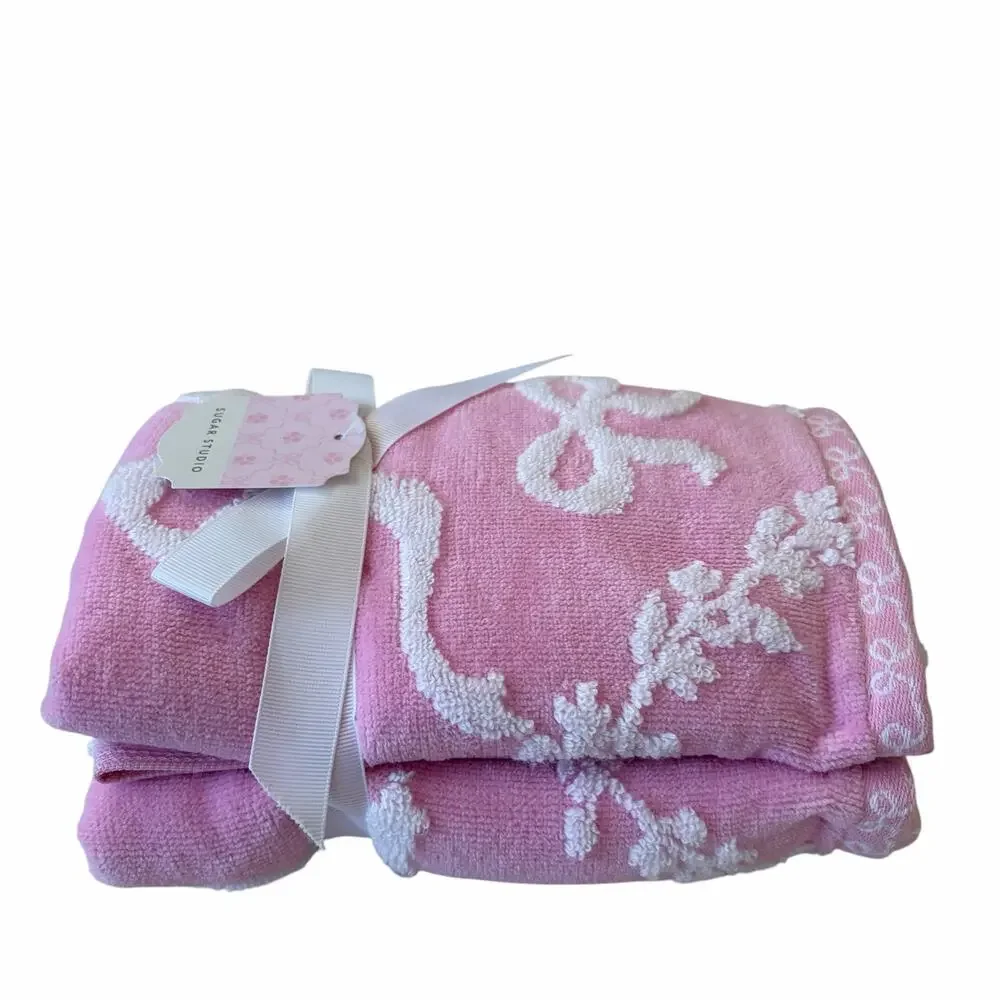 4pc Plush Pink & White BOW Towel Set - 2 Hand 2 Bath Cotton Chic Bath NEW